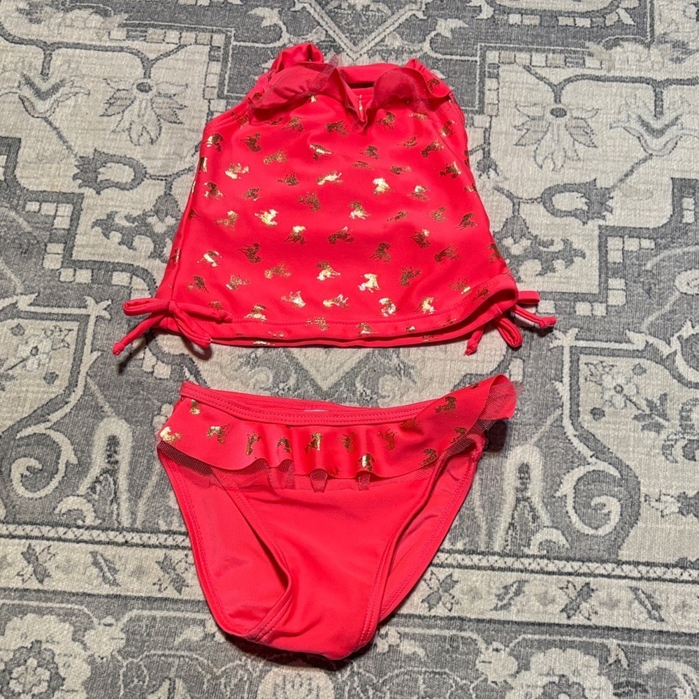 Coral and Gold Swimsuit Set. Baby girl size 12 months
